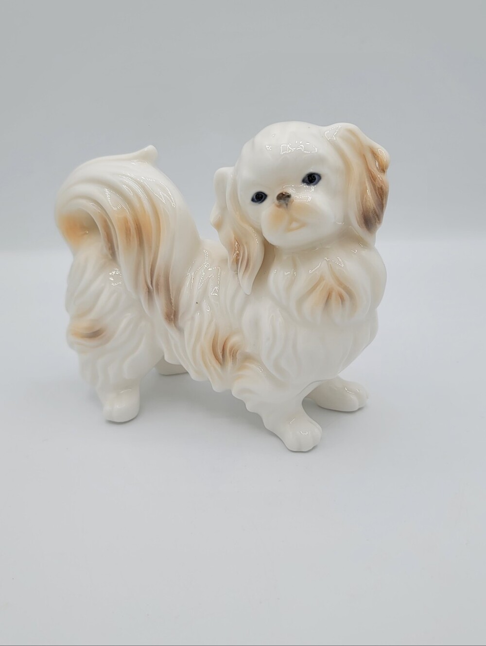 Pekingese Dog Figurine Ceramic Porcelain White Tan Long Hair Toy Breed 6" Vtg